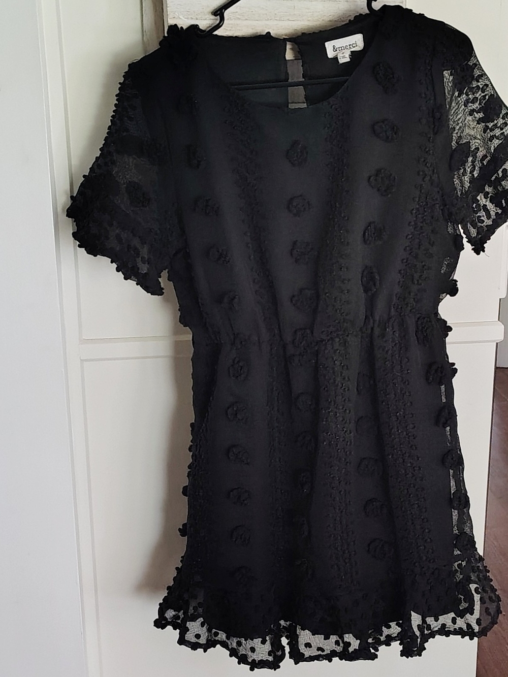 &merci Mini Dress Black Embroidered  with Textured Dot Detail. Size Small.